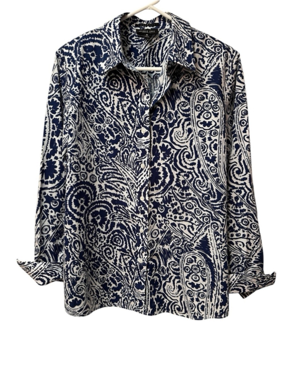 Foxcroft Chic Button-down Blouse Womens 14 Blue White Eclectic Floral Art Summer - Picture 1 of 17